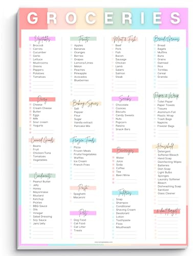 Einkaufslisten-Notizblock, vorgefüllte Einkaufs-Checkliste mit leeren Feldern, 50 Blatt Premium-Papier, 120 g/m², Zeit- und Geldsparung für einfachen Einkauf von Lebensmitteln, A5, Regenbogen