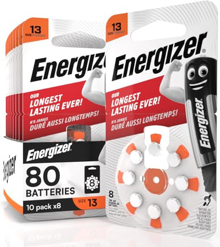 80 Batterie Acustiche Energizer per Apparecchi Acustici Auricolari Misura 13 Arancione con Tecnologia PowerSeal - 10 Blister da 8 Pile