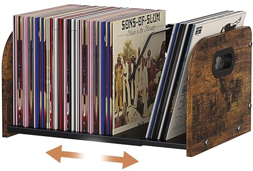 Förvaringshållare för vinylskiva, expanderbar skivhållare, ställ med rörlig avdelare, 110 LP-albumförvaring för vinylskivor, stativ för vinylhållare, skivvisningshylla, tidningshållare (rostbrun)