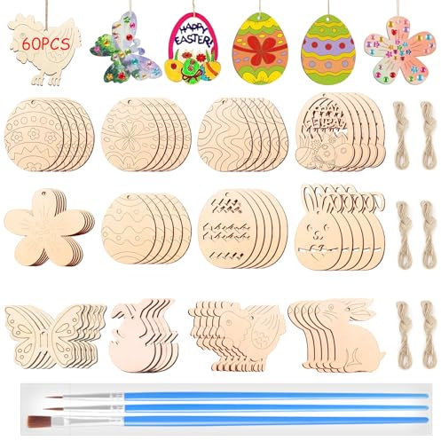 MOAZIFI 60 Holzanhänger Ostern Zum Bemalen, Ostern Basteln, Bastelsets Für, Osterdeko, Ostergeschenke, Basteln Ostern, Diy Oster Anhänger Holz Malerei