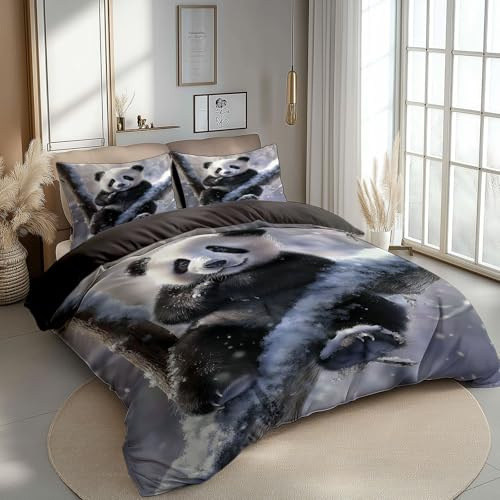 Reversible Bedding Set Duvet Cover Set Cot-bed for Kids Toddler- Animal Panda Photography Printed Quilted Comforter Cover with 1 Pillowcases, Dark Brown Gray, Microfiber, Zipper Closure, 2 Pieces