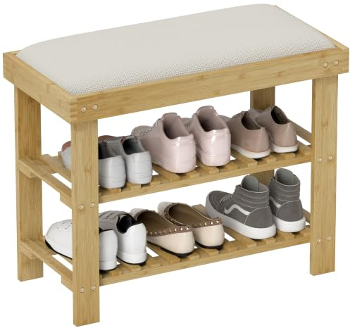 HOMCOM Bamboo Shoe Storage Bench 3-Tier with Seat Cushion Cream White | Shoe Bench, Shoe Rack, for Entryway, Hallway, Living Room, Bedroom