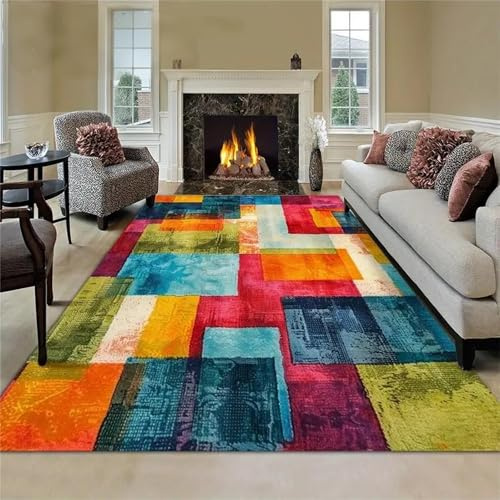 Abstract Geometric Area Rug, 100x150cm Vintage Colorful Plaid Patchwork Stylish Artistic Living Room Carpet, Soft Non-Slip Washable Throw Rugs for Living Rooms Entryways Offices With Hardwood Floors
