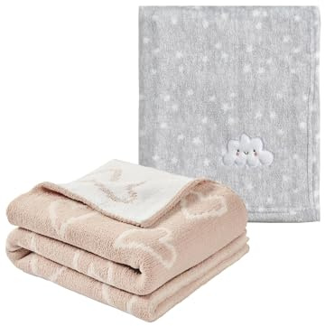 CREVENT 2 st 76 x 102 cm söta mysiga fluffiga varma babyfiltar för spädbarn småbarn sängkläder spjälsäng barnvagn – grått moln + stickad rosa