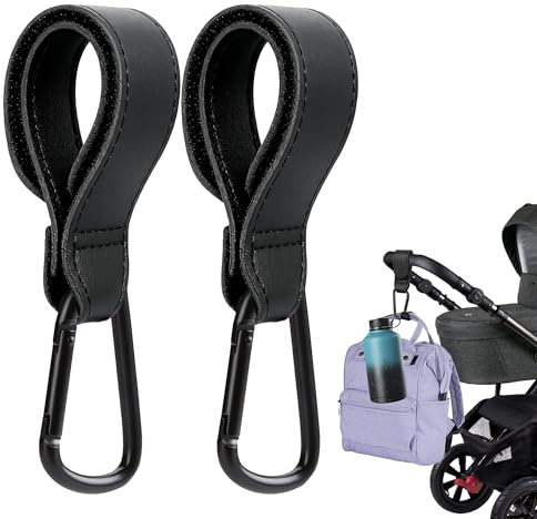 2pcs Pram Carabiner Clip Effortless Operation Pu Leather Adjustable Pram Hooks for Bags Stay Firmly Black Stroller Clips for Pushchair Rollator Mobility Scooter Baby Travel Essentials