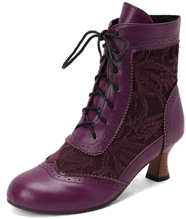Générique Femmes Lacets Rétro Bottines Fermé Bout Rond Vintage Victorien Bottes Tacco Da Gattino Medio Bottes Courtes,Violet,45 EU