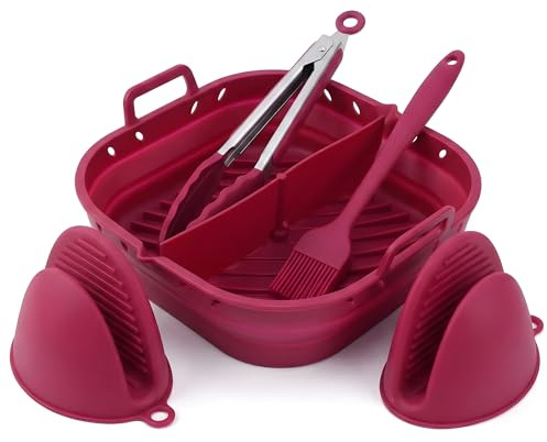 ANGAHE Accesorios Air Fryer Cosori con Pinzas, Bandeja Silicona y Separador | Complementos freidora de aire con moldes silicona sin BPA antiadherentes, pincel y 2 manoplas, compatible Cecotec Ninja EVVO