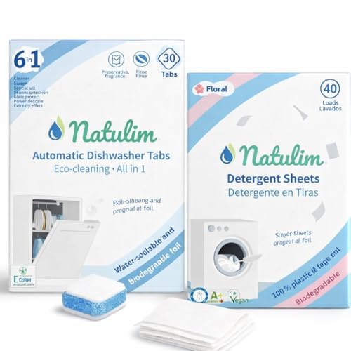 Natulim 30 Spülmaschinentabs duftfreie Geschirrspültabs ohne Plastik mit starker Reinigungskraft und 40 Waschmittel Blätter für die Waschmaschine Blumiger Duft biologisch abbaubare Waschstreifen