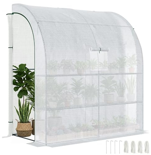 Outsunny Serra da Giardino Addossata 200x100x215cm a 3 Livelli, con 2 Porte Finestre Avvolgibili, Serra per Orto con Struttura in Acciaio e Copertura Plastica, per Orto Verdure Fiori, Bianco