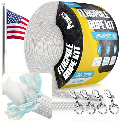[Super Durable] 100FT x 5/16” Flagpole Rope Kit- Extra Polyester Cover, 770LBS Breaking Strength, 3-Year Durability Flagpole Halyard & 4Pcs Swivel Snap Clips, Anti-Tear Rope for Flagpole, Utility Use