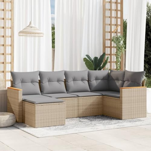 GeenYuu 6-TLG. Garten-Sofagarnitur aus Poly Rattan mit Kissen, beige, modulares Lounge-Set für Balkon, Terrasse und Garten, wetterfest, pflegeleicht, mit Stauraum und Akazienholz-Armlehnen