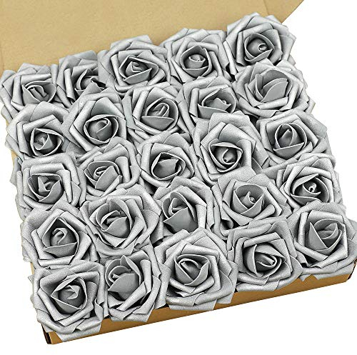 N&T NIETING Künstliche Rosen Blume, 25 Stück Schaumrosen Fake Rosen mit Stielen für Hochzeit Blumensträuße Braut Babydusche Party Zuhause Dekoration, Silbrig