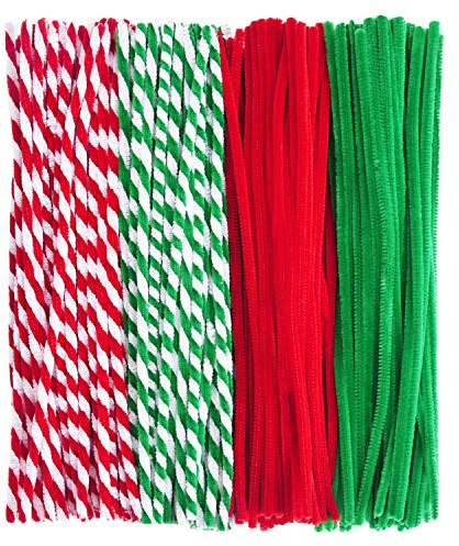 Livder 400 Stück Weihnachts-Pfeifenreiniger, Chenille-Stiele für Bastelarbeiten, Dekorationen, rot, grün, weiß