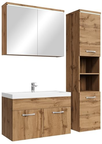 Badplaats Badmöbel Komplettset Paso LED 80 x 40 cm Eiche - Badezimmermöbel mit Waschbecken, Spiegelschrank und Badezimmerschrank