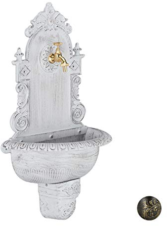 Relaxdays Fontana XL Antica a Parete, con Rubinetto, Lavabo per Giardino, in Lega di Alluminio, HLP 75x44x22 cm, Bianca