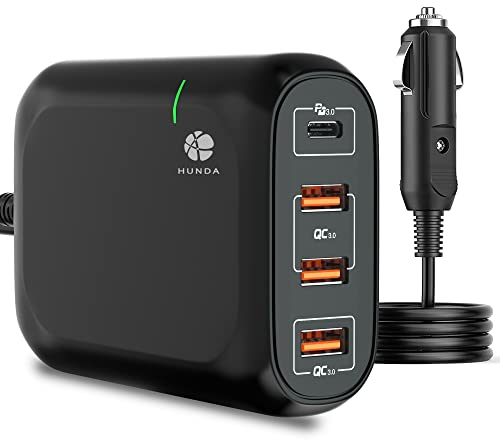 HUNDA USB C Auto Ladegerät,119W USB C Kfz Ladegerät 4-Port mit 65W PD 3.0 Anschluss und 54W 3 Port QC3.0, Zigarettenanzünder USB Ladegerät für iPhone 11/12/Xs/XR/X/8, iPad, Laptop and More