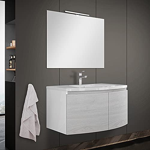 Inbagno Mobile Bagno sospeso Curvo 80 cm, 2 Ante con Chiusura Ammortizzata, lavabo e Specchio Inclusi (Rovere Nordico)