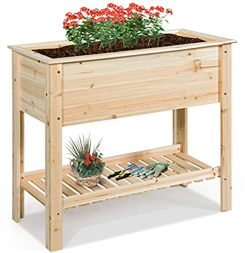 GOPLUS Hochbeet ohne Rollen, Gartenbeet mit Ablage & Abflusslöcher, Pflanzbeet aus Tannenholz für Garten & Terrasse, Natur (ohne Rollen, 92x41x81cm)