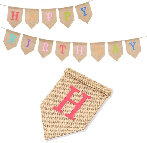 G2PLUS Happy Birthday Leinen Girlande Vintage Hessische Geburtstag Wimpelkette Rustikale Wimpeln für Geburtstagsfeier