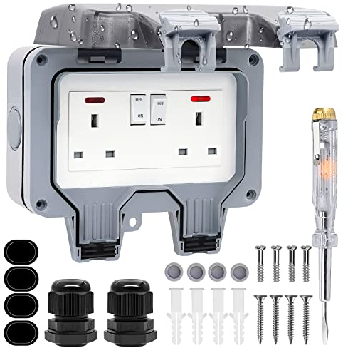 RICOKEY Double Outdoor Socket Waterproof Outside Plug Socket Weatherproof IP66 Wall Electrical Outlet, 13Amp 2Gang Storm Switched Power Socket Box