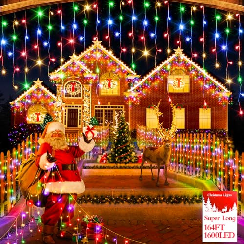 50M 1600 LED Outdoor Christmas Lights Plug in 12 Modes with Timer Dimmable Christmas Decorations Waterproof Indoor Curtain String Lights for Roof Porch Garden Holiday Wedding Party Decor Multicolor