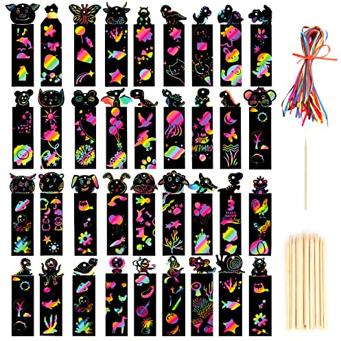 36 Pcs Scratch Art Party Bags Fillers for Kids, Animal Craft DIY Scratch Art Rainbow Bookmarks with 36 Colorful Ropes and 36pcs Wooden Stylus for Boys Girls Classroom Birthday Gifts