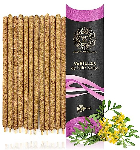 MUT22 12 Stück Palo Santo Räucherstäbchen mit Rue, Handgefertigt in Peru, Extra Lange Brenndauer