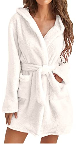 UnoSheng Peignoir pour femme en coton chaud – Peignoir moelleux avec capuche - Peignoir de sauna en tissu éponge - Longueur genou - Robe kimono - Doux et léger - Avec ceinture, Blanc., M