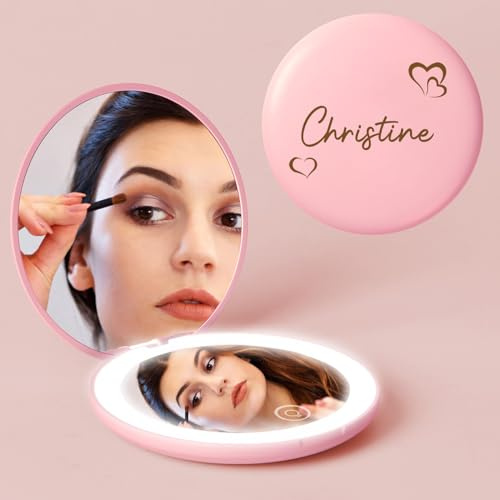 iDIY Personalisiert Taschenspiegel klappbar LED mit 1X/10X Vergrößerung- kosmetikspiegel mit Beleuchtung mit Name, Spiegel klein für die Reise personalisierte Geschenke für Frauen rosa
