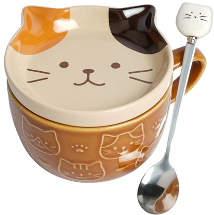 HOTUT Tazza Gatto Caffe Set Ceramica Kawaii, Set di Tazze da Caffè con Coperchi, Tazza da Tè in Ceramica Cartoon, Divertente Gatto Tazze per le Donne, Amici, Bambini, Regalo di Natale, Compleanno