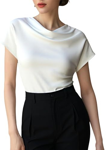 Mettclasi Women's Silk Satin Cowl Neck Short Sleeve Top, Elegant Dressy Casual Summer Blouse Shirt Solid T-Shirt - Size L, White