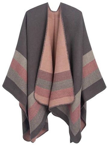 DiaryLook Damen Poncho Schal Winter Cardigan Übergroße Cape Elegant Poncho Für Frauen Umhang Damen Warm Geschenk Für Mutter Dunkelgrau und Rot Gestreift