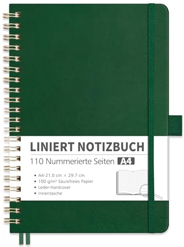 RETTACY Notizbuch A4 Liniert, Bullet Journal mit 100 g/m² Dickem Papier, 55 Blatt/110 Nummerierten Seiten, Collegeblock für Büro und Schule, Lederhülle, Dunkelgrün, 21 cm x 29.7 cm