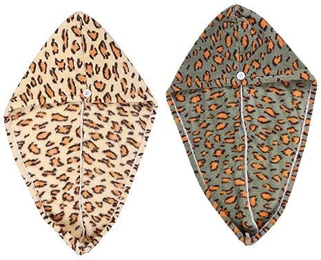 Damen Haartrockenhaube aus Polyester mit Knopfverschluss | Leopardenmuster, Schnelltrocknend und Saugfähig, für Dusche und Schlaf, 2 Stück