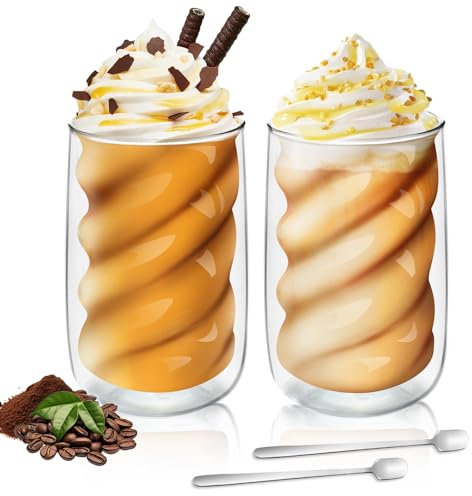 Tapvai Tazza Caffè Doppio Vetro Borosilicato, Capacità 350 ml, set di cucchiai in vetro borosilicato, Tazzine Vetro Doppio per Tè, Caffè, Latte, Cappuccino, Espresso, Succo (2)