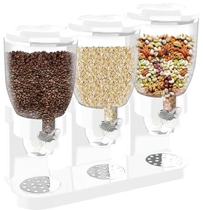 Triple Cereal Dispenser 2L Dry Food Dispenser Dry Food Canister Triple Dry Food Cereal Dispenser Kitchen Storage Dispenser Food Storage Container for Cornflakes, Candy, Nuts, Beans, Granola (white)