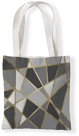 Jutebeutel Graugold Geometrie Stoffbeutel Canvas Wiederverwendbare Beuteltasche Damen Kinder Büchertasche Einkaufsbeutel mit Henkeln Stofftasche Waschbar Tote Bag 33x37 cm