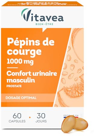 Vitavea Bien-être - Pépin de courge 1000mg - Prostate Confort - 30 jours | Capsules Faciles à Avaler - Huile de Qualité - Dosage 1000mg - PEFC - Usage Quotidien - Fabriqué en France