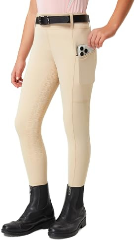 FitsT4 Sports Pantaloni da equitazione per ragazze, con sedile completo, pantaloni da equitazione elasticizzati per ragazzi e cavalli, con tasche con cerniera