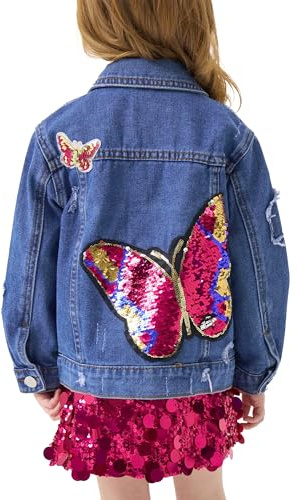Miipat Veste en Jean Fille Paillettes Papillon Patchs Boutons Denim Blousons avec Poche Manches Longues Enfant Manteau en Jean Fille Vetement pour Enfants 120 5-6 Ans