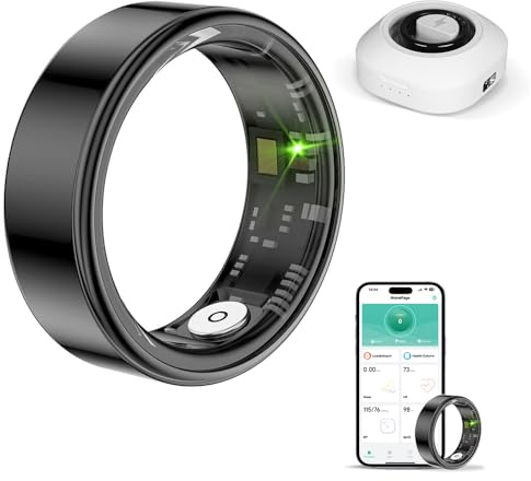 HPLSZCN Anillo Inteligente para Hombre y Mujer con Estuche de Carga, Modo multideportivo, podómetro, frecuencia cardíaca, SpO2, sueño, Resistente al Agua IP68, Monitor (Negro, 12)