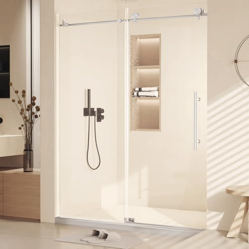 Semi-Frameless Glass Shower Door, 60x76in Bathroom Sliding Shower Door, Shower Enclosure Sliding Door with 3/8(10mm) Clear Tempered Glass, Round Tube Hardware Bath Shower Screens