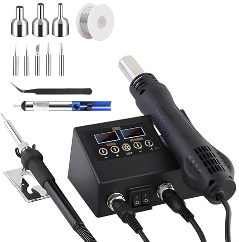 Soldering Iron Station, 2-in-1/ 60W Digital Display Soldering Stations Kit with 180-500℃, Semi-Aluminium Solder Sucker, 50g tin Wire, 2 Tweezers, 5 Soldering Iron Tip Air