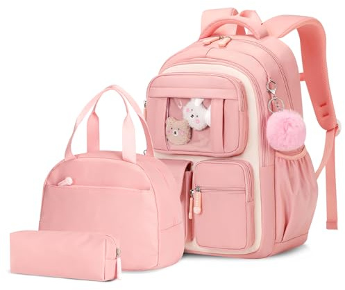 Amythe Skolväska flicka ryggsäck barn, 3-delad skolryggsäck set med lunchväska pennfodral, andningsbar bokväska i nylon, Rosa, 33x17x44 cm, Snygg