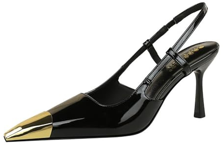 Donna Fashion Indietro Cinturino Caviglia Tacco Alto Sandalo 8CM Metallo Puntato in Vernice Wedding Party Stiletto Pompe (Nero,40)