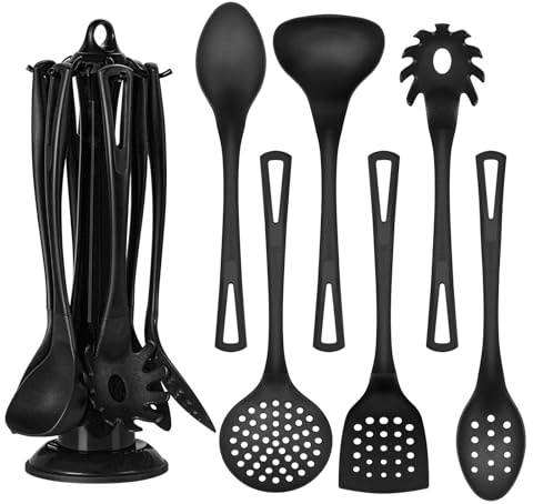 KAZUSHI 7-teilig Küchenhelfer Set mit Ständer, Anhaftungsschutz, Schwarz | Nylon,Einfache Aufbewahrung, Zum Aufhängen geeignet, Hitzebeständig, Leicht zu Reinigen, Spülmaschinenfest, Gesund & Antihaft