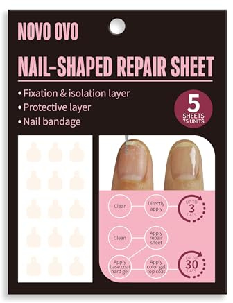 NOVO OVO Pre-cut Nail Repair Sheets, Fixation & isolation layer, Bandage for Broken Nail-Surface, Recovery Protective layer for Acrylic, Invisible Instant and Easy to use 75 units