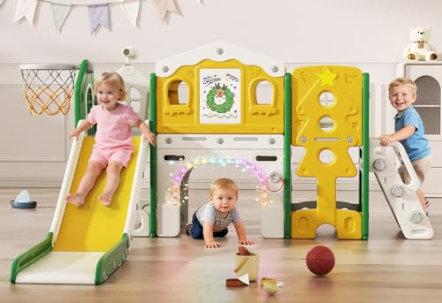BIERUM 10 in 1 Toddler Slide Set - Baby Slide for Toddlers 1-3 with Colorful Lights, Drawing Board and Building Blocks Board, Indoor Outdoor Toddler Playset Playground, Green Yellow