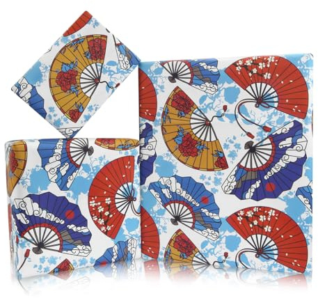 Japanisches Geschenkpapier für Frauen und Männer, japanischer Stil, bunte Fächer, 4 Blatt, flach gefaltet, Geschenkpapier für Geburtstage, Hochzeiten, Japan-Thema, DIY-Basteln, Geschenkverpackung, Kun