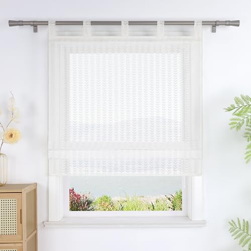SCHOAL Raffrollo ohne Bohren Transparent Rollo mit Schlaufen Landhaus Jacquard Gardine 1 Stück BxH 140x140 cm Weiß